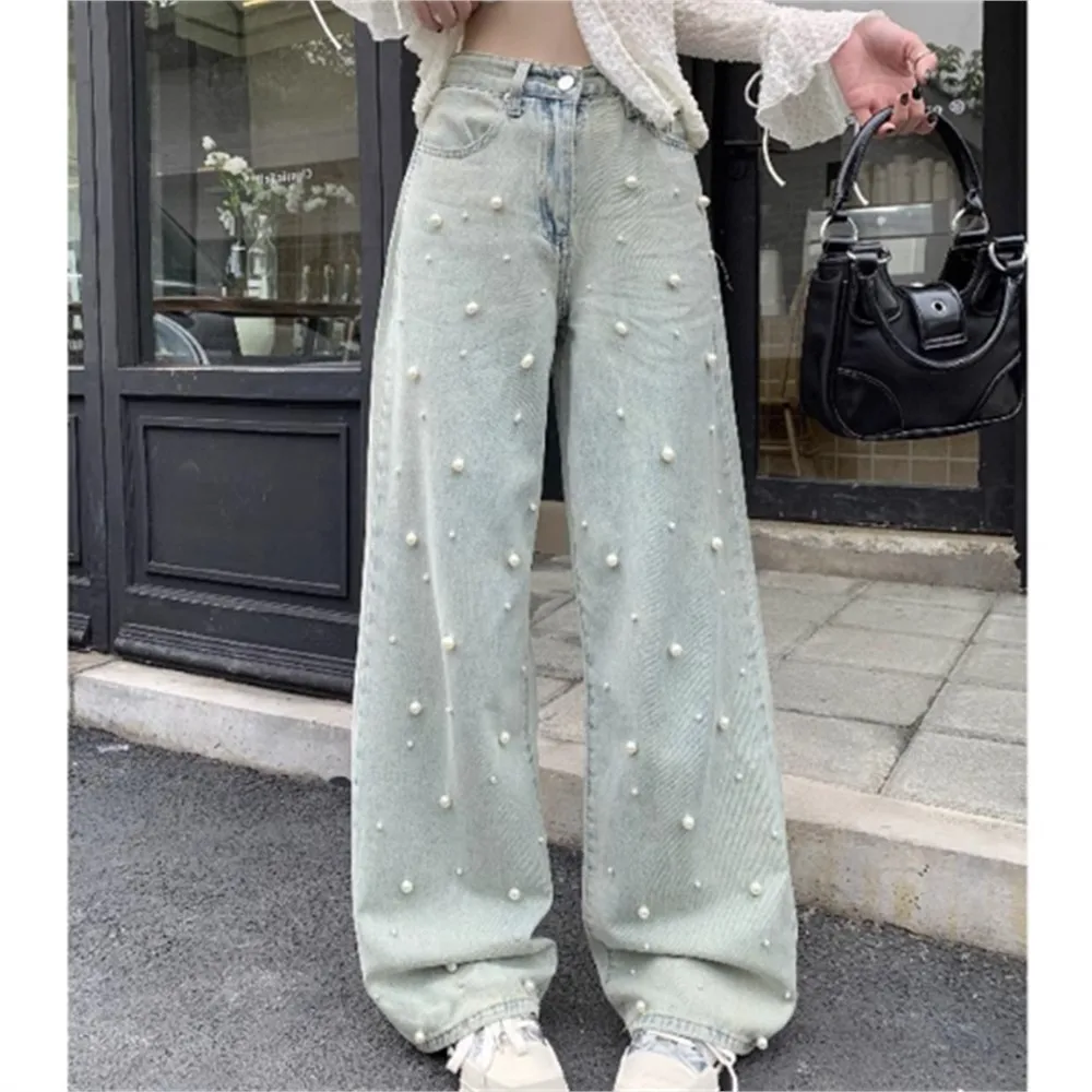 Jeans women's pearl high-waisted straight loose wide-legged trousers pantalones holgados  mujer