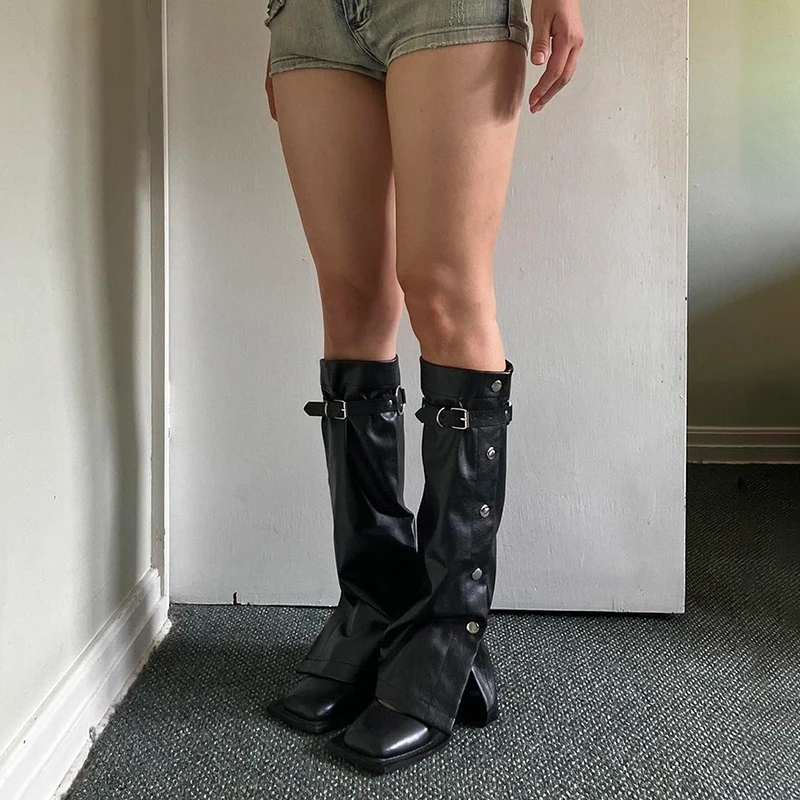 SUCHCUTE Harajuku Punk Black Faux Leather Leg Slit Side Buttons Buckled Flared Leg Women Gaiters Knee Long Sock Boot Covers 2024