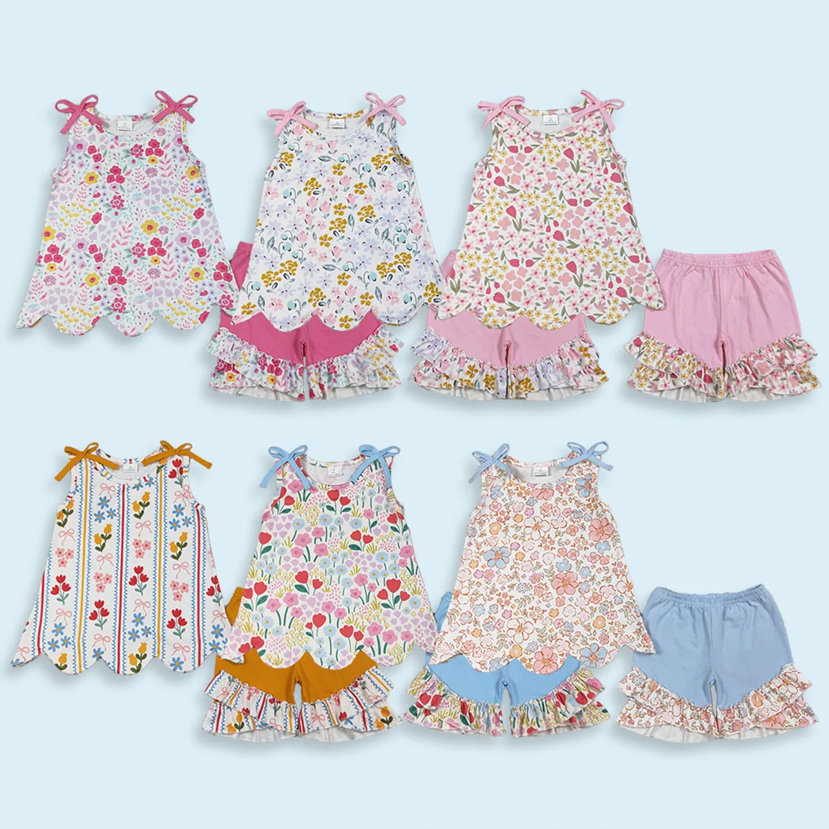 Kids Sibling Baby Girls Colorful Flowers Scallop Tunic Children Ruffle Short Clothes Sets Boutique Fashion Clothing Wholesale