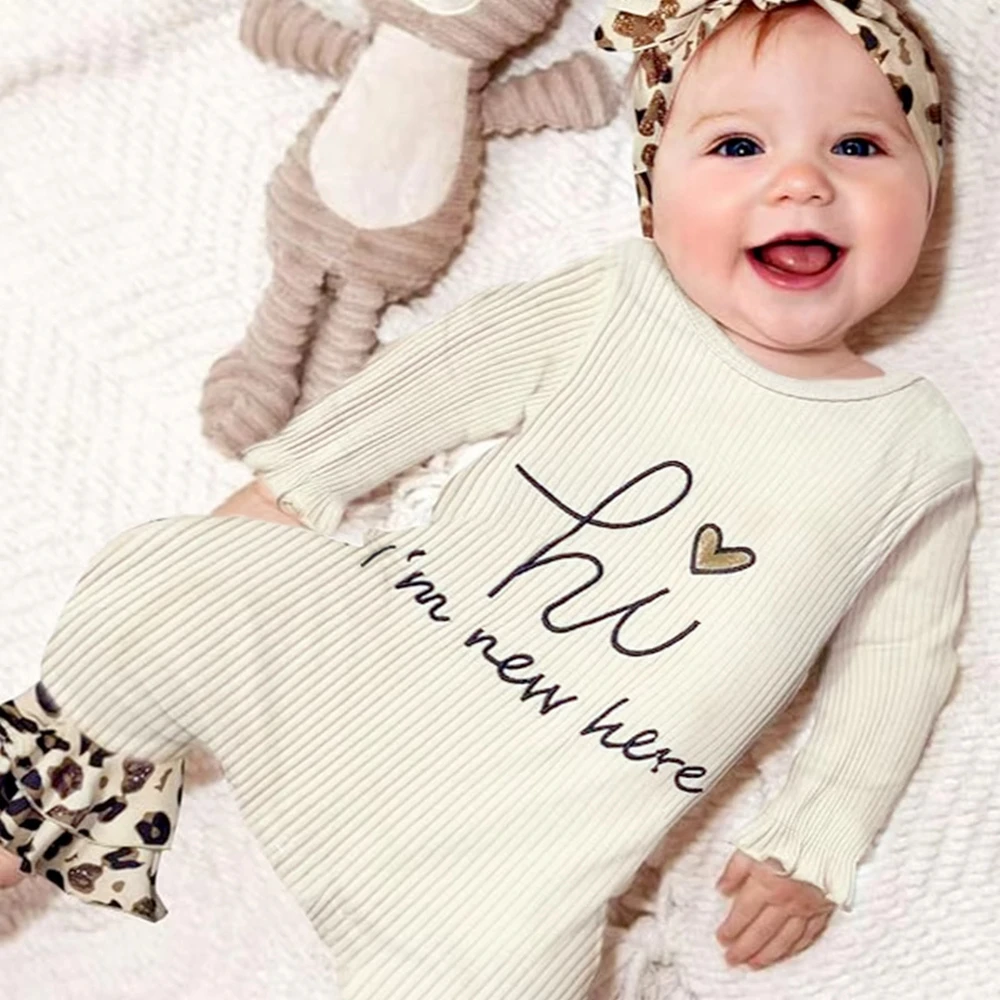 

Комплект для фотосессии новорожденных: ромпер для девочки с леопардовым принтом, ребристый хлопковый комплект с повязкой на голову, одежда для фотосессии «Я новая здесь», подарок