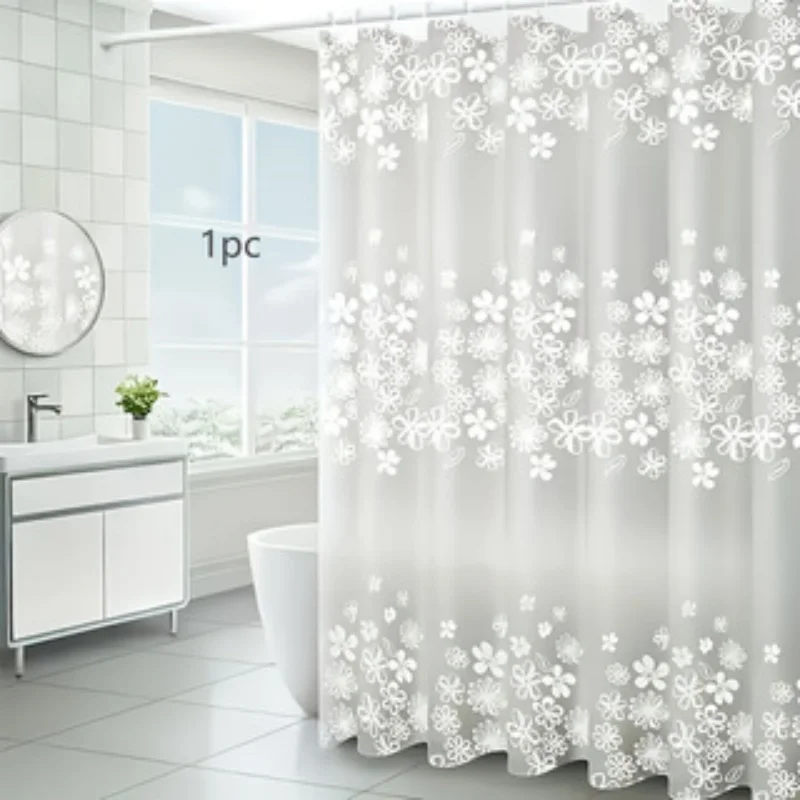 1Pc White Floral Print Bathroom Shower Curtain Waterproof PEVA Bath Curtain With Matching Hooks Bathroom Room Decor Curtain, Cur
