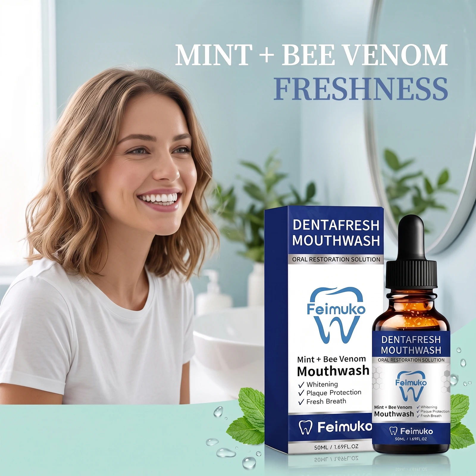 Feimuko Fresh Mint Breath Mouthwash Bee Venom Oral Restoration Solution Plaque Control Whitening Portable Daily Oral Care Rinse
