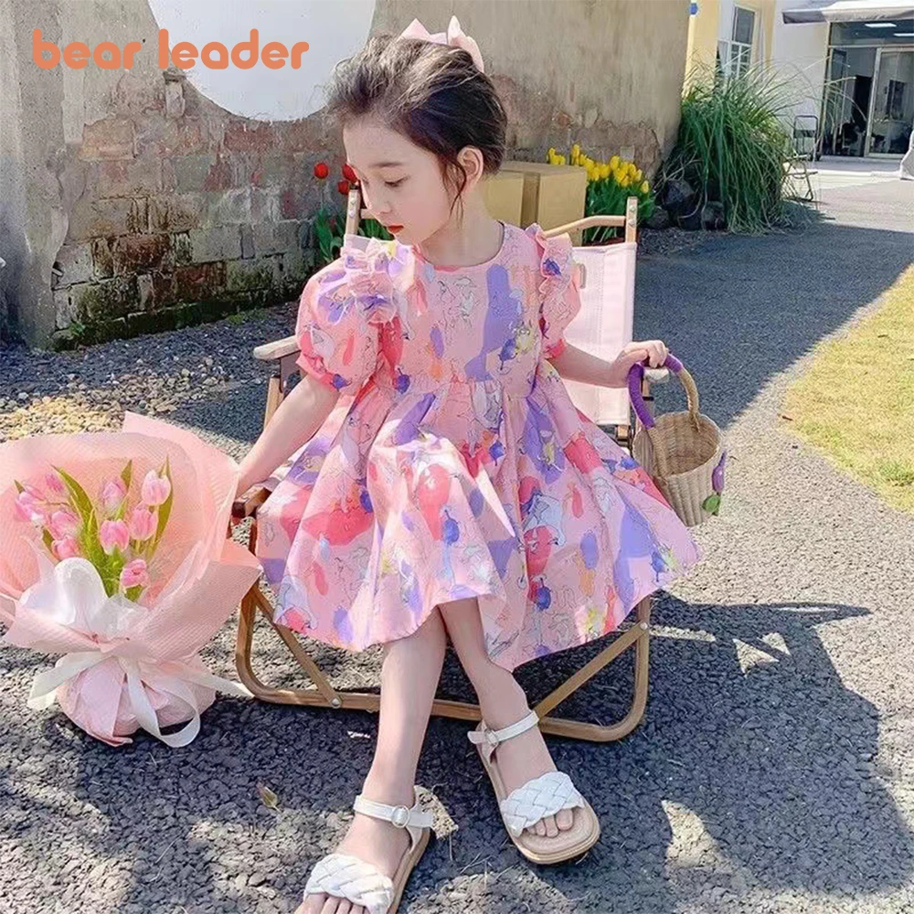 Bear Leader Girls' Dress 2023 New Children's Round Neck Ruffle Edge Bubble Sleeve Cartoon Print Dress Children's Princess Dress