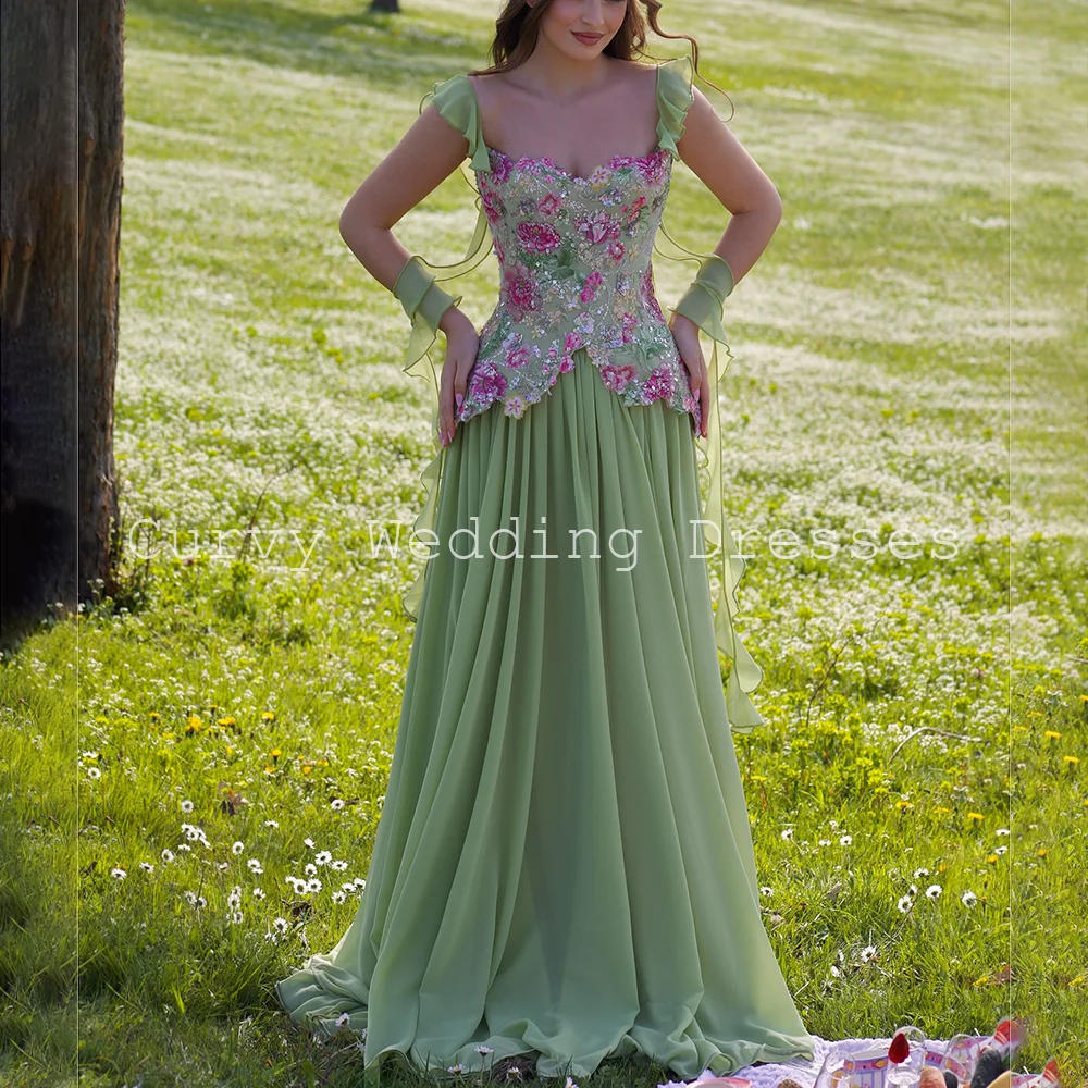 Vestido de Fiesta de Gasa Floral Verde con Hombros Descubiertos Estilo Cuento de Hadas Curvy, Vestido de Gala de Gasa con Corsé Personalizado 2026