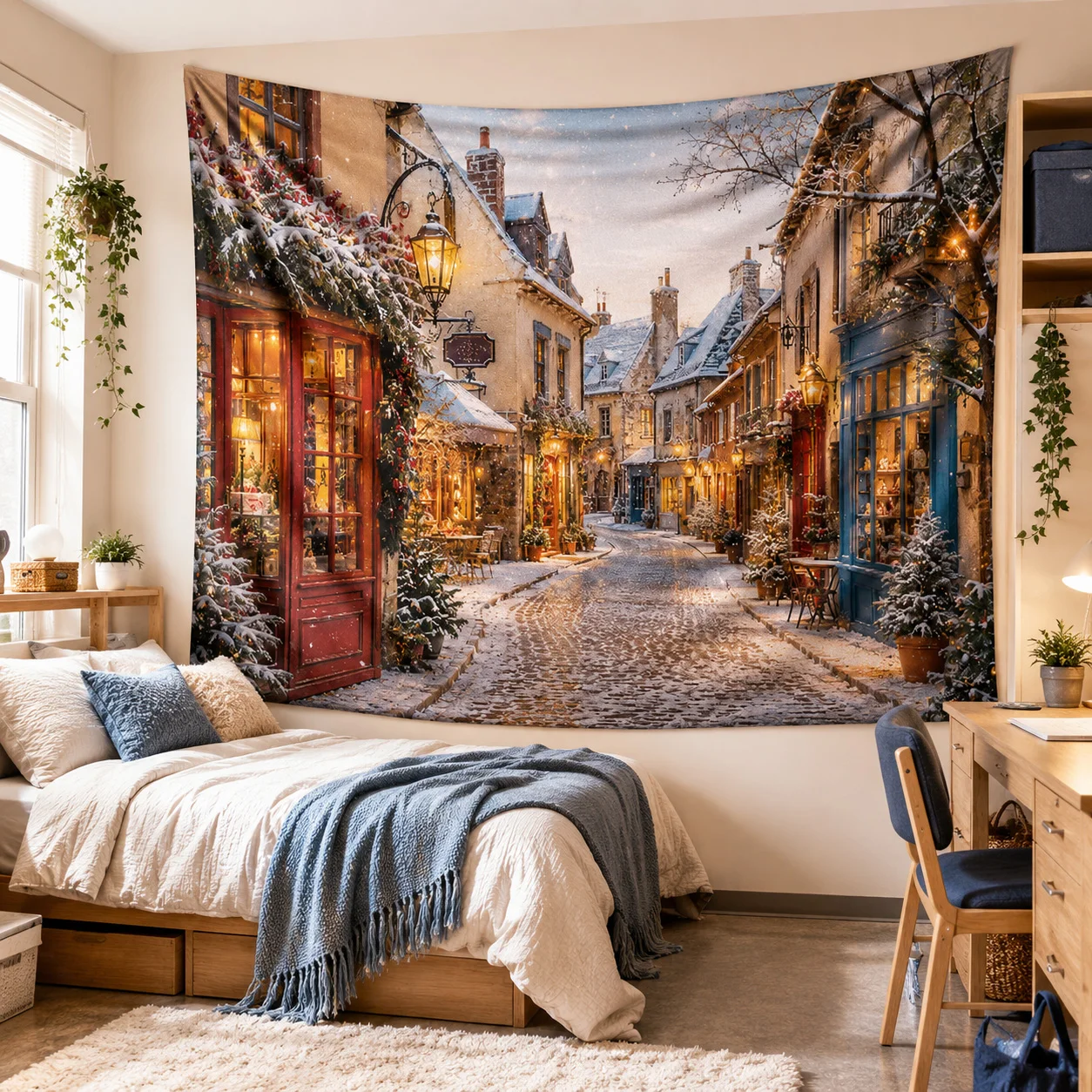Christmas Tree Tapestry Wall Hanging Winter Snow Street Large Fabric Wall Tapestries Boho Decor Aesthetic Birthday Gift