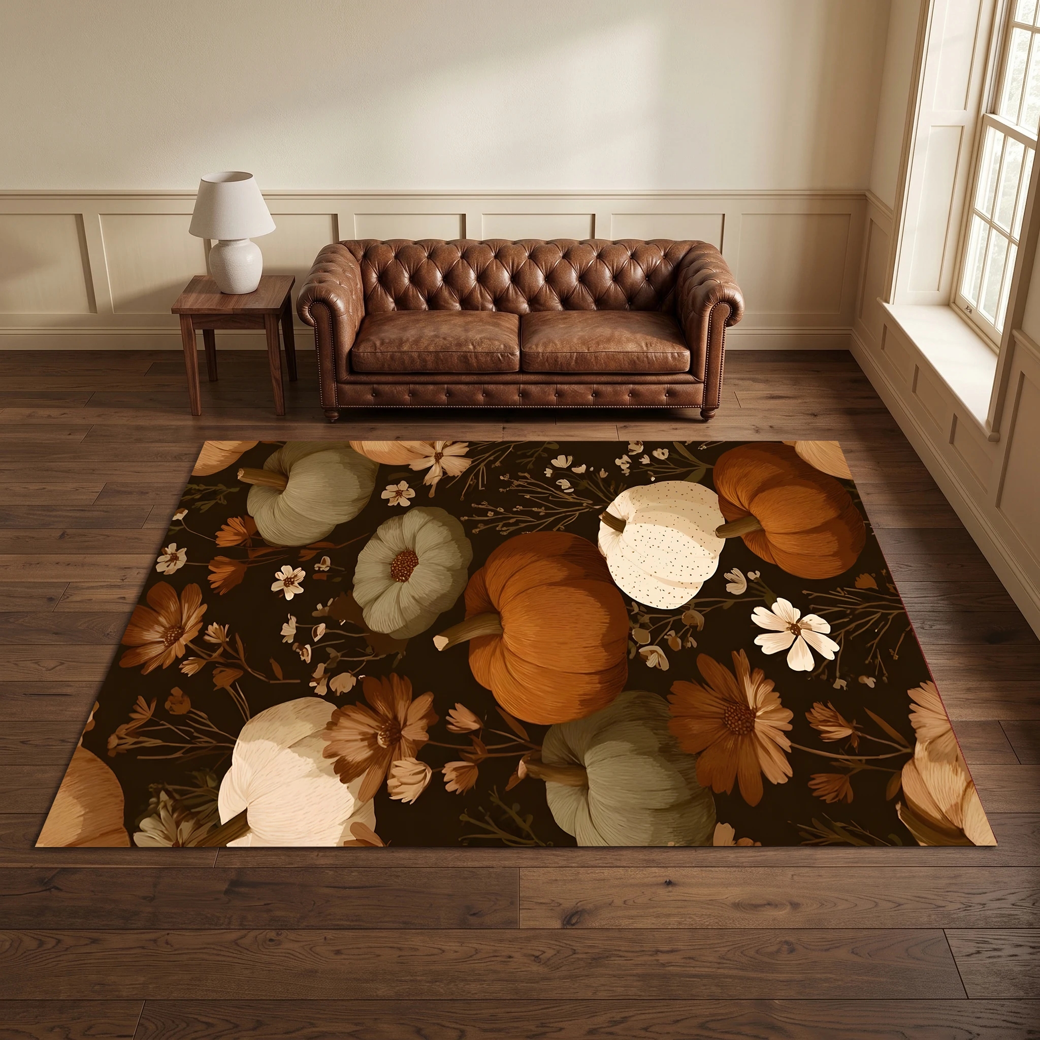 Retro Pumpkin and Floral Print Warm and Soothing Velvet Rug for Living Room, Bedroom, or Bedside, Creating a Strong Autumn Harvest Atmosphere