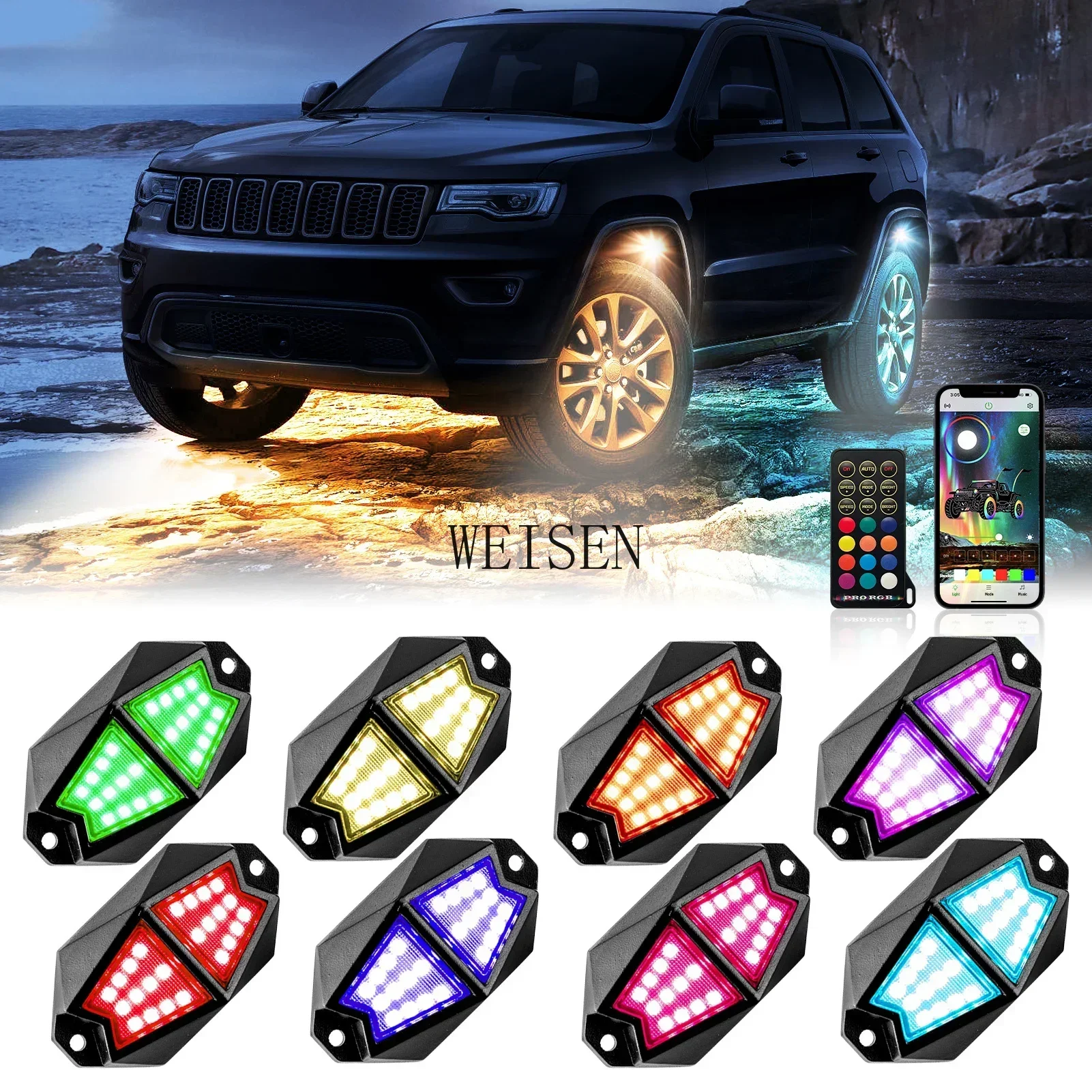 RGB Rock LED Lights Remote & APP for Off-road UTV ATV SUV Car Golf Cart Truck Boat Go Kart Polaris RZR Can Am X3 Accessories