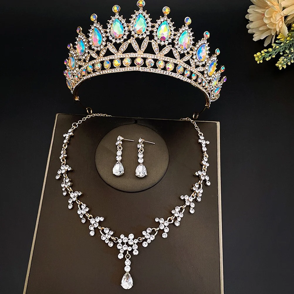

1 Vintage Rhinestone Bride Jewelry Set Crown Necklace Drop Earrings For Wedding Party Prom Women Gift Wedding Jewelry Set
