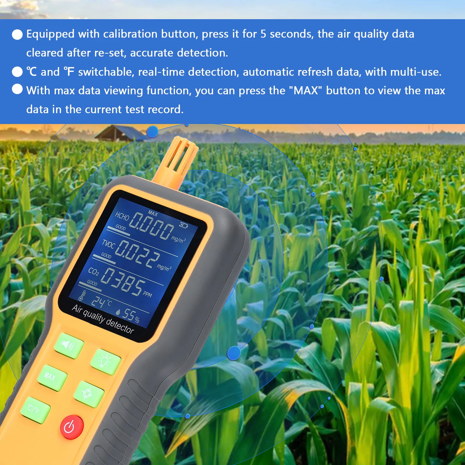 5 in 1 Portable Air Quality Monitor CO2 TVOC HCHO Tester Temperature Humidity Meter LCD Backlit Display Carbon Dioxide Detector