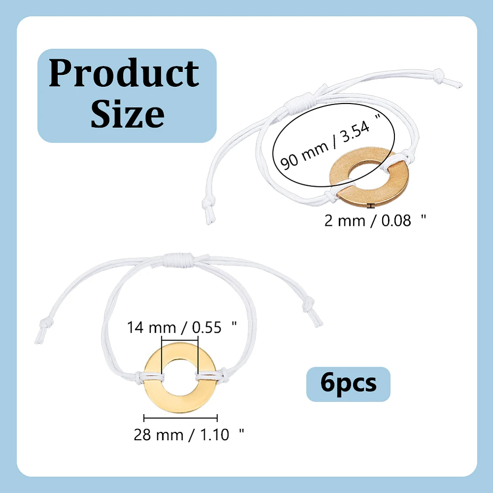 6 Pcs Brass Washer Stamping Bracelet Project Kit 2.8cm Golden Metal Stamping Blanks Round Stamping Tags with White Waxed Cotton