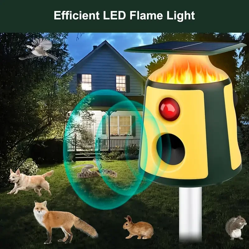 Solar Powered Animal Repellent 360 Degree Infrared Motion Sensor High Power LED Flash for Rodents Birds Outdoor Garden Yard Farm