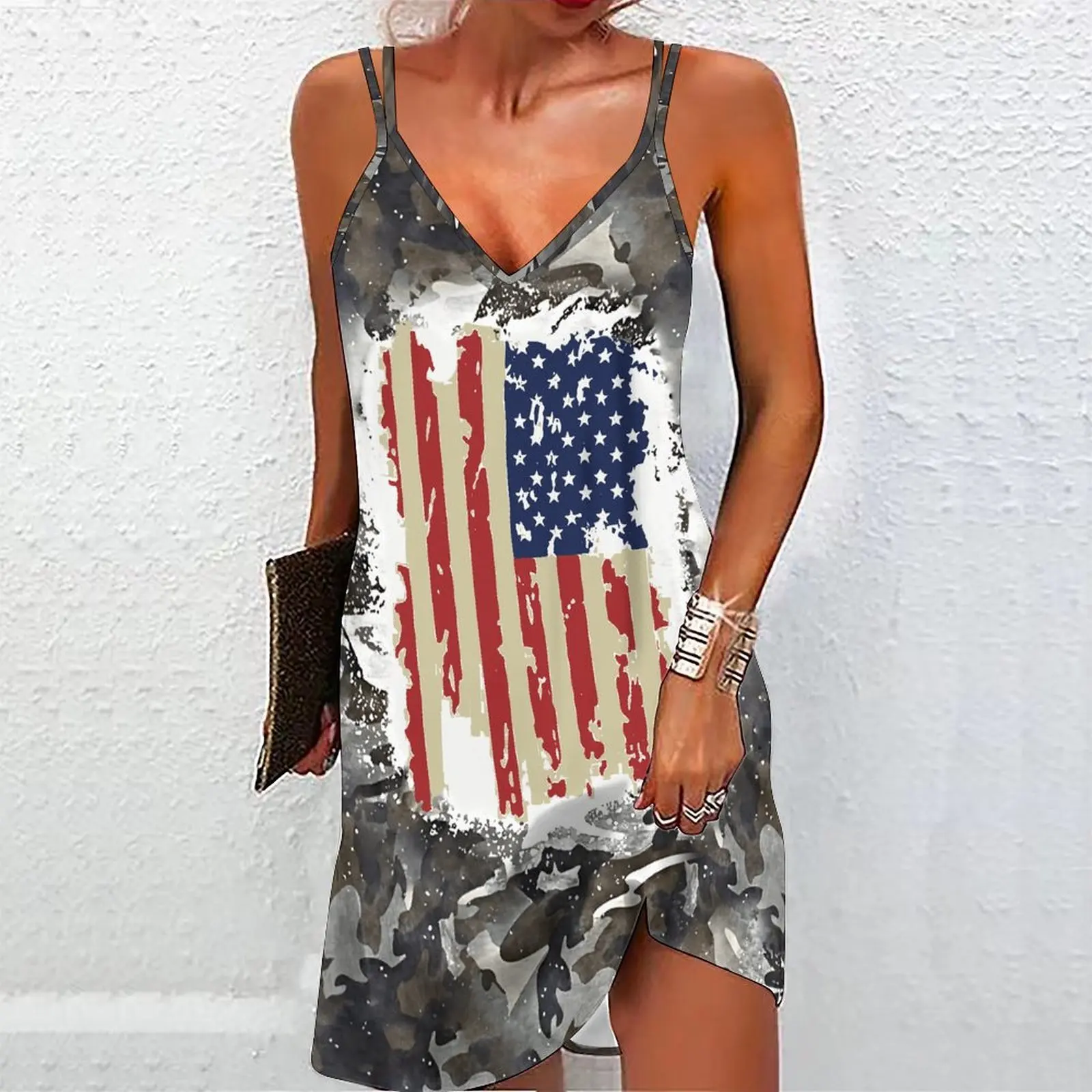 Women Spaghetti Strap Mini Dress Colorful Paint Splash Print Deep V Neck Side Slit Sleeveless Casual Summer Party Slip Dress