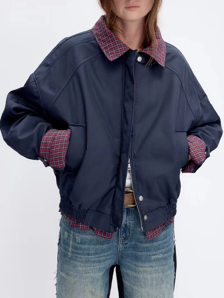 

European and American style autumn and winter new women's fashion retro style splicing contrast color plaid lapel jacket