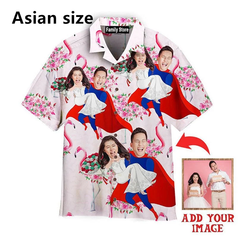 Funny Custom Face Hawaiian Shirts Happy Wedding Couple Costume Tropical Diy Beach Shirt For Men Women Short Sleeve Party Shirts