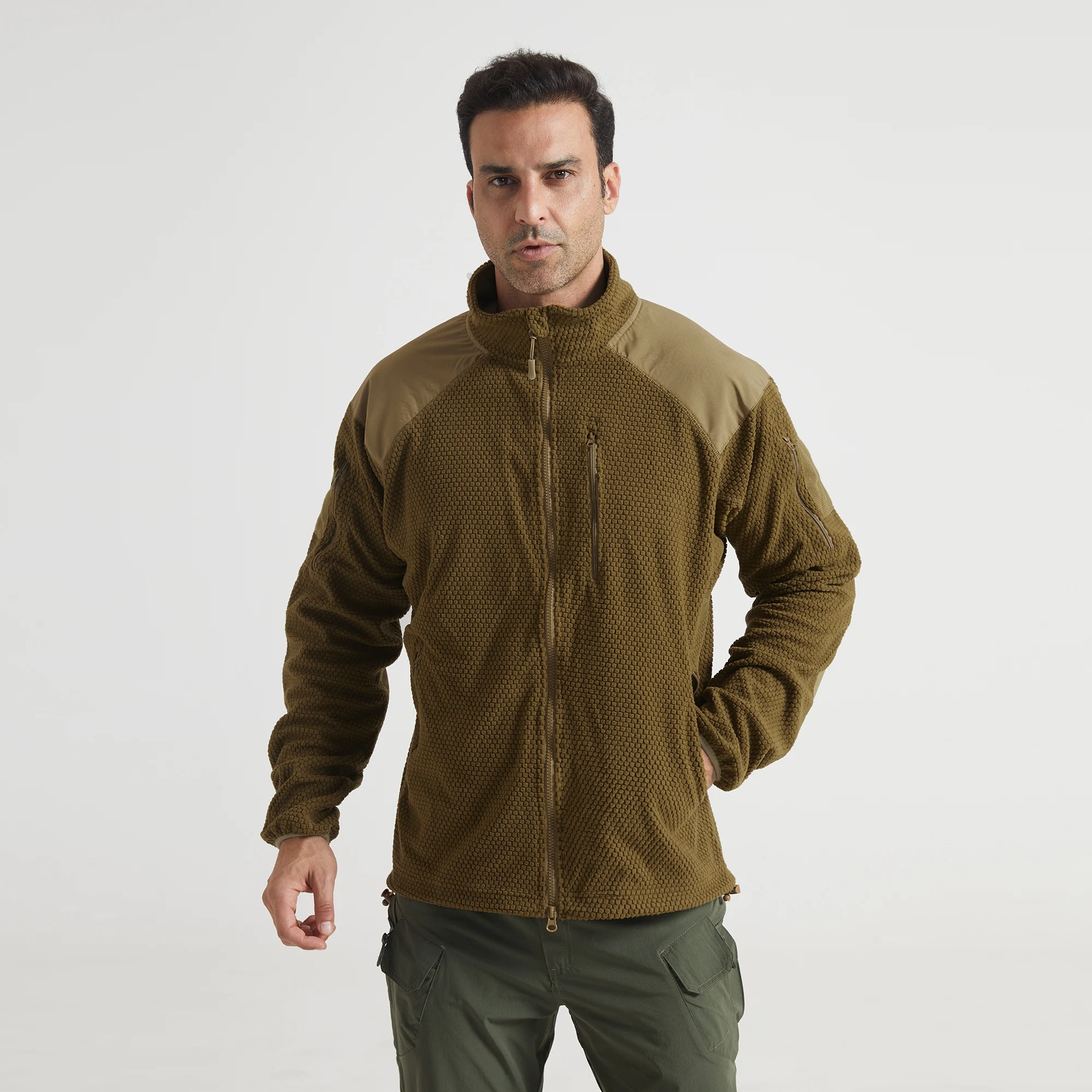 Men's Stand Collar Tactical Polar Fleece Jacket Warm Mid-Layer Grid Outdoor Camping Hiking Soccer Liner