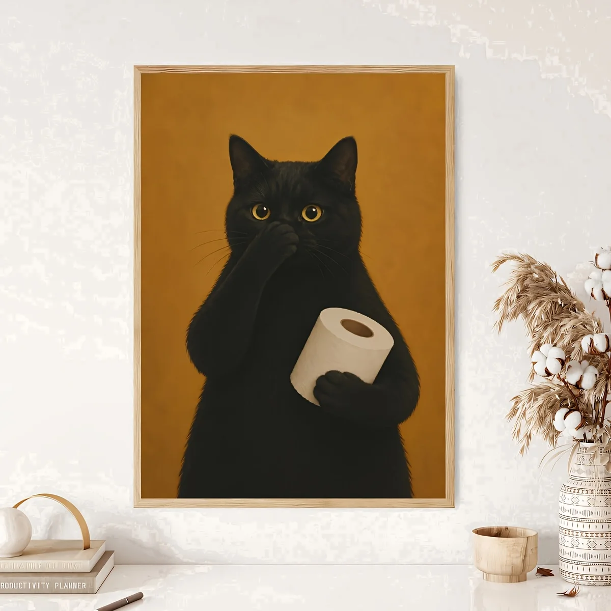 2D Flat, 1pc Frameless Fun Bathroom Poster, Black Cat Nose Covering Art Canvas Painting, Creative Wall Art, Birthday Gift, Li