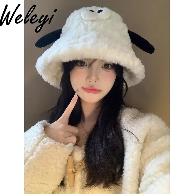 Cute Cartoon Lamb White Plush Bucket Hat Female Touca Feminina Inverno 2024 Autumn and Winter New Thermal Caps for Women