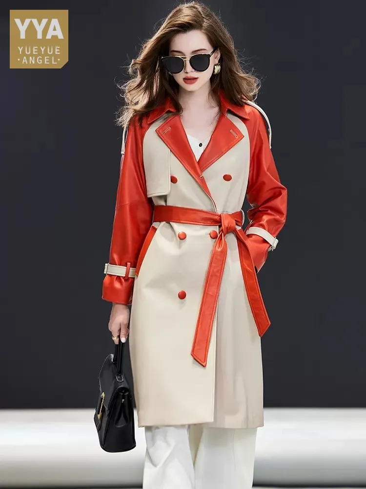 

New Autumn Panelled Colour High Quality Women Genuine Leather Long Coat Office Ladies Double Breasted Sheepskin Trench Overcoat