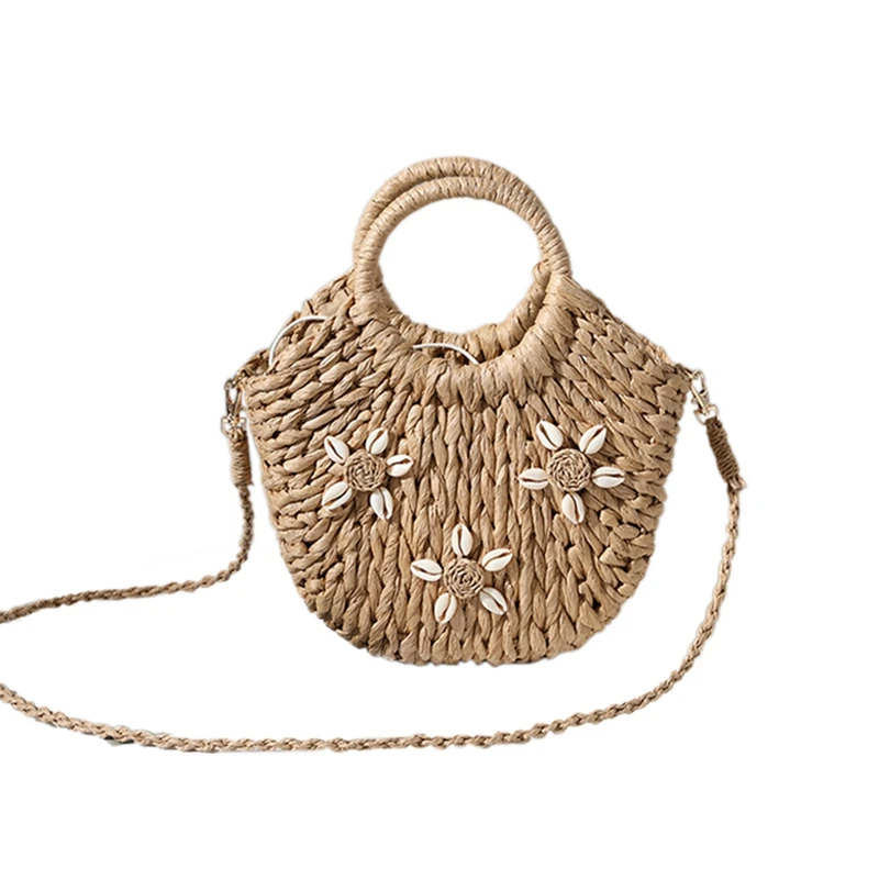 Handmade Half-Round Woven Artificial Straw Bag Women Messenger Crossbody Bags Girls Small Beach Handbag Coffee Color