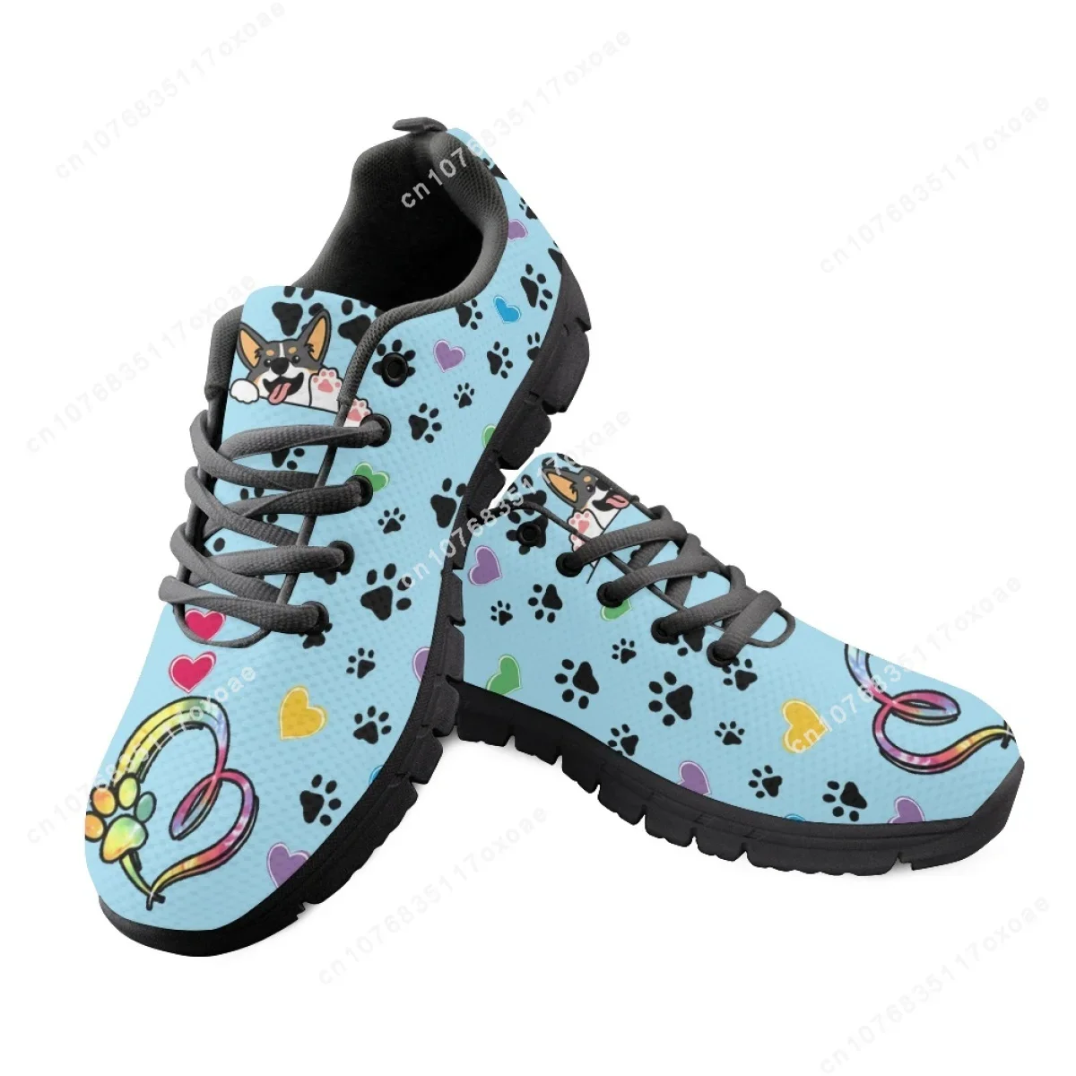 Kawaii Welsh Corgi Cartoon Pattern Flat Shoes for Dog Lovers Lightweight Lace up Sneakers Breathable Walk Footwear