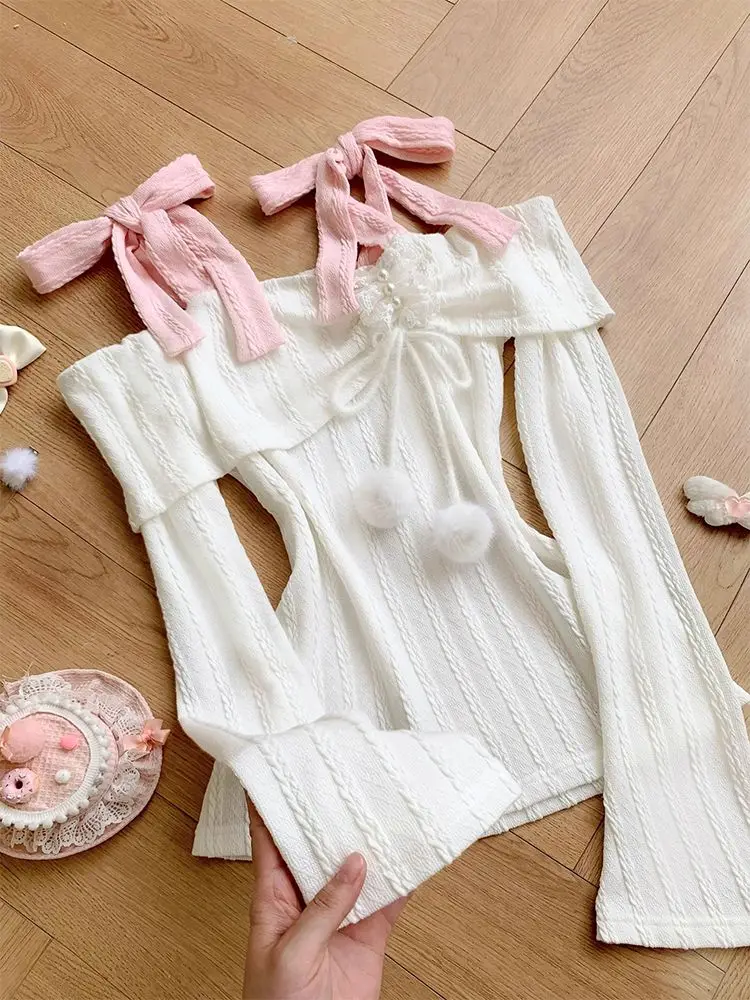 일본식 스위트 슬림 오프숄더 투피스 세트 여성 Y2K 디자인 귀여운 리본 레이스 티셔츠 캐주얼 우아한 패치워크 짧은 치마 세트