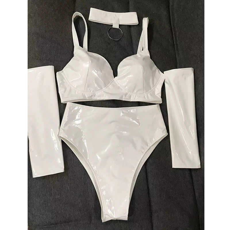 

White Pu Leather Stretch Pole Dance Costume Bar Nightclub Gogo Dancer Clothes Dj Ds Clubwear Rave Outfit Jazz Dancewear VDB5161