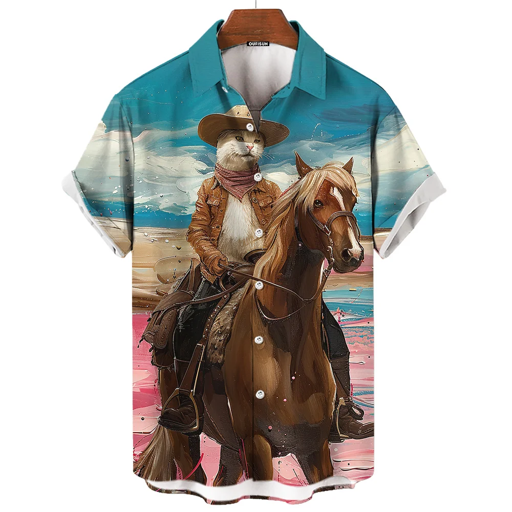 Oil Painting Western Cat Cowboy Riding Print Summer Fashion Men\'s Short Sleeve Shirt Travel Vacation Men\'s Shirt Oversized Top