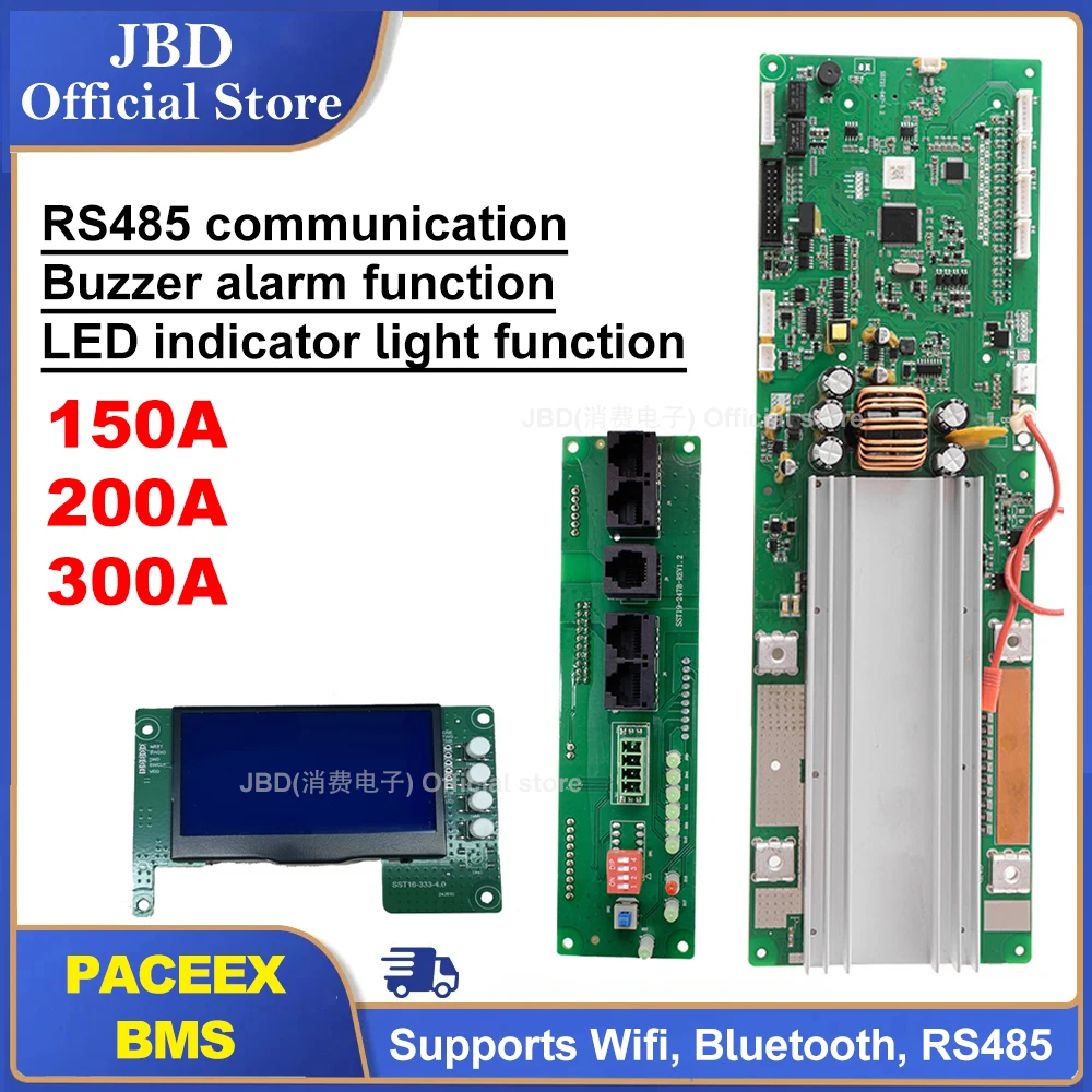 PACEEX LifePO4 BMS 16S 200A 300A Support WiFi Bluetooth Battery Protection Board CAN RS485 RS232 Communicate to Inverter 48V