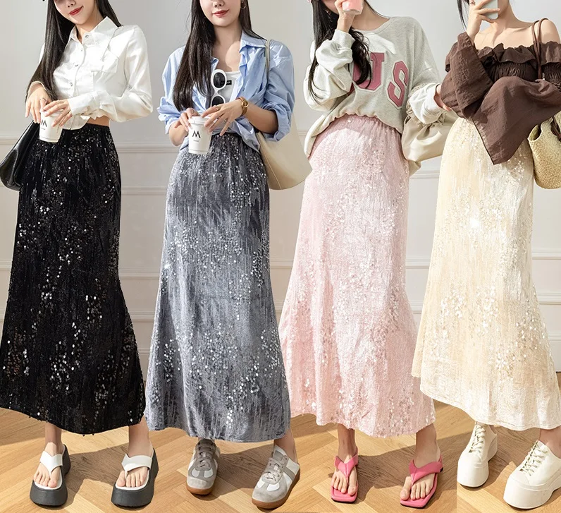 2024 Spring and Autumn New Sequin Half Skirt Women's High end Black Heavy Industry Light Luxury Long Skirt Fish Tail Skirt