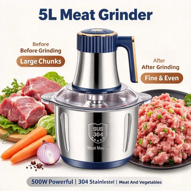 304 Stainless Steel Food Grinder 5-Liter Electric Meat Grinder Multi-Functional Vegetable Chopper Chopper  Food Processor