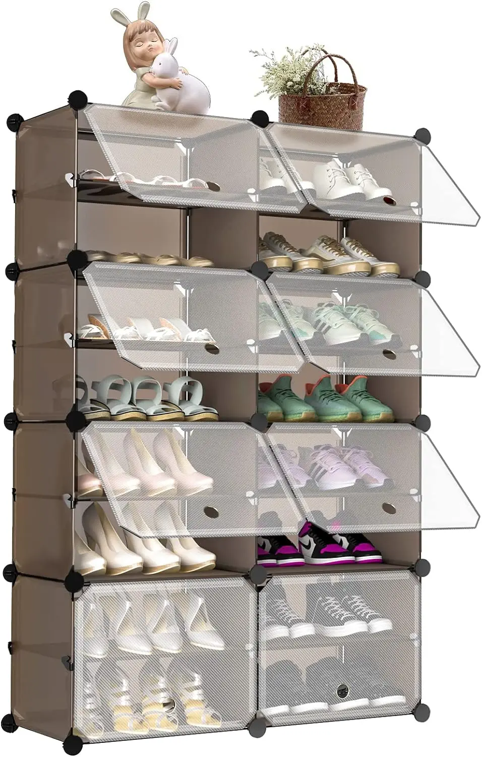 

Shoe Rack Organizer, 32 Pair Shoe Cabient, 8 Cube 16-Tier Shoes Storage Organizer DIY Plastic Freestanding Covered Shoe Shelvs