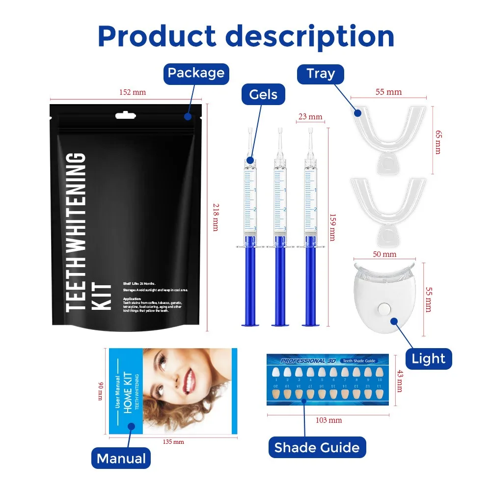 

1 set Teeth Whitening 44% Peroxide Dental Bleaching System Oral Care Gel Kit Tooth Whitener New Dental White Equipment LED Light