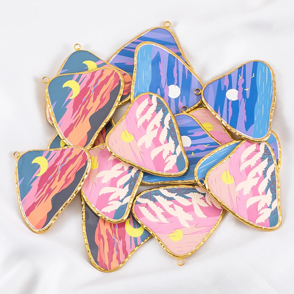 

2pcs Stainless Steel Colorful Enamel Triangle Pendant Natural Scenery Printed Charms for DIY Jewelry Making Necklace Accessories