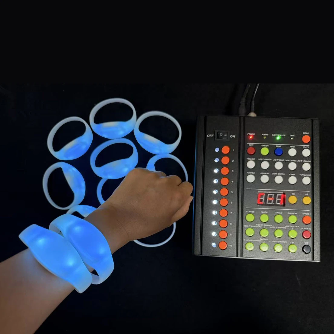 

100/500/2000PCS DMX Function LED TPU Silicone Bracelets 43 Keys 1000Meters Remote Controller Glow Wristbands Wedding Party Event