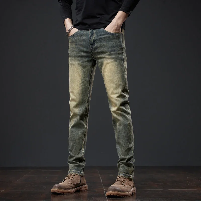 Spring Men Classic Business Jeans Straight Work Wear Vintage Distressed Slim Denim Pants Fashion Casual Trousers Male Clothing