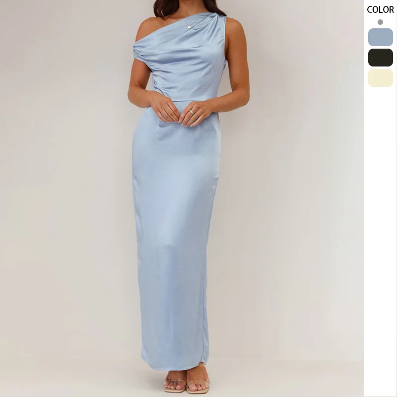 Vestidos Vestido de mujer sin hombros Lino Ahumado Cintura de seda Ocio Diario Artístico Pastoral puro Transpirable Cómodo Relaxado