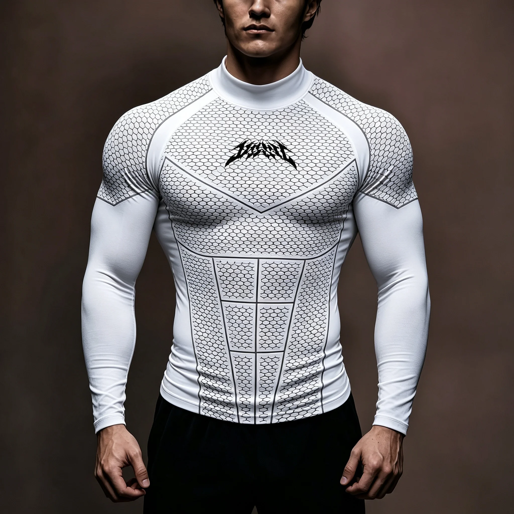 Herren Kompressions-Langarmshirt mit Halbrollkragen, Wabenmuster, schnelltrocknend, für Fitness, Training, Laufen und Sport – Detail 2
