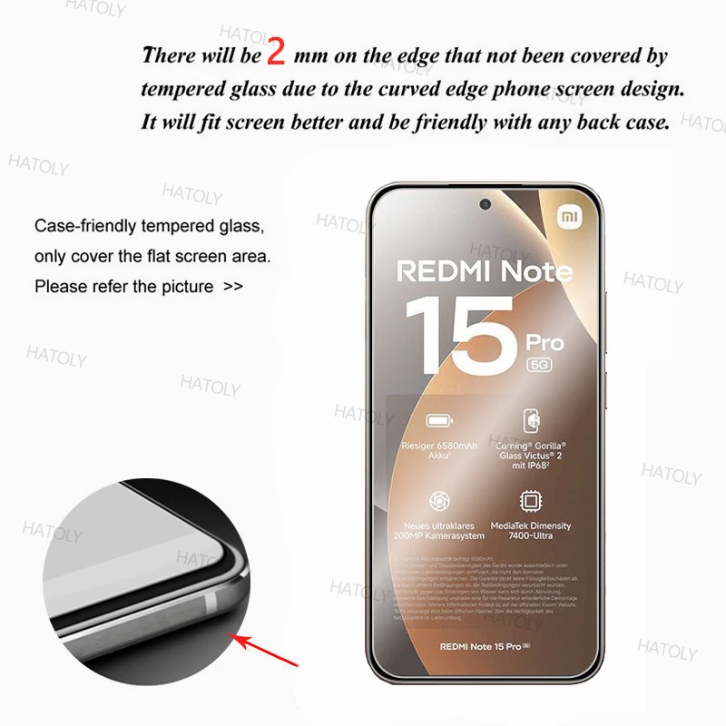 2/4 قطعة واقي للشاشة لهاتف Xiaomi Redmi Note 15 Pro 5G زجاج مقسى عالمي Redmi Note 15 Pro 5G زجاج واقي غراء كامل #3