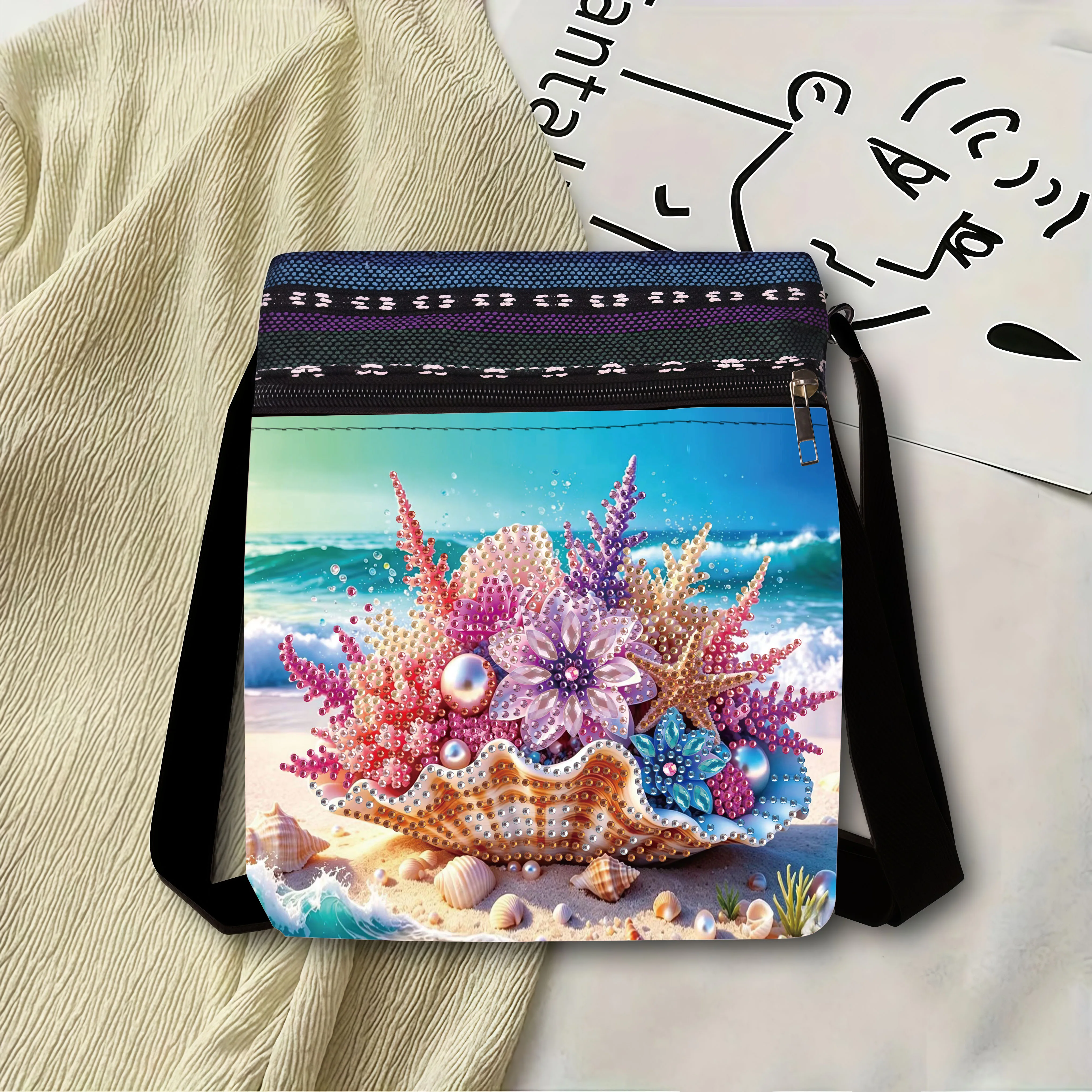 1 Piece of Diamond Painted Messenger bag, shell Pattern, canvas Material, carry it at any time, the first choice for Holiday gif
