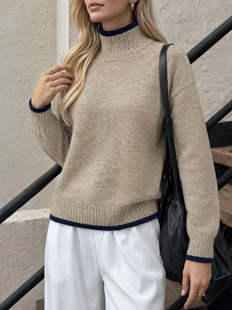 foreign trade pullover sweater contrasting color trim solid color simple knitted sweater hot semi-turtleneck sweater women