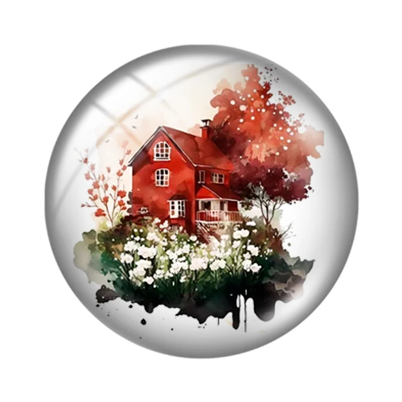 Watercolor cute red house with flowers  10pcs 12mm/18mm/20mm/25mm Round photo glass cabochon demo flat back Making findings