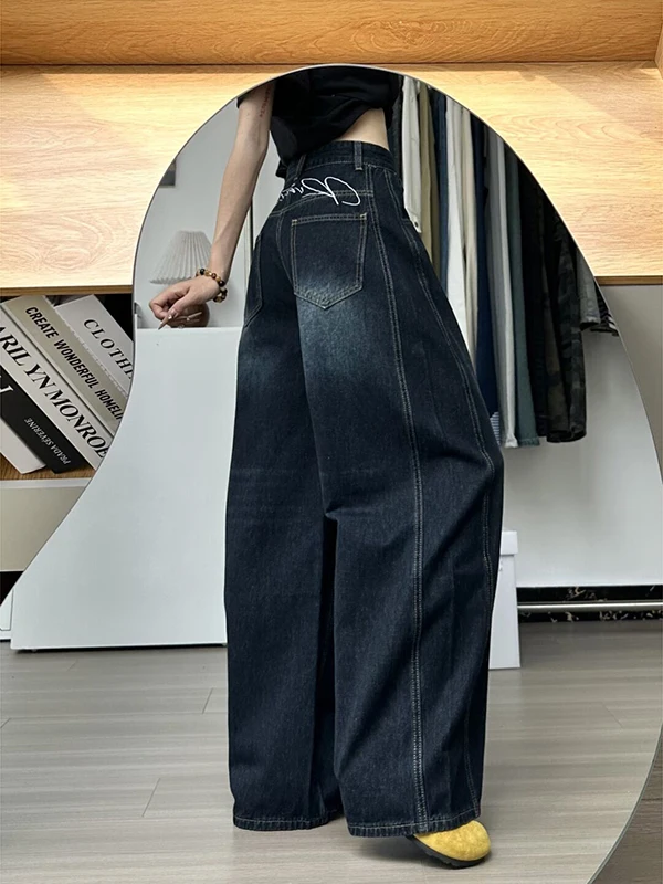 กางเกงยีนส์ทรงตรงขาบานเอวต่ำปักลายสไตล์อเมริกันย้อนยุคสำหรับผู้หญิง รุ่นใหม่ล่าสุดสำหรับฤดูใบไม้ร่วง สไตล์ลำลอง