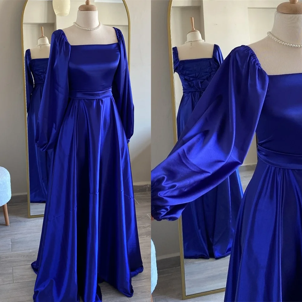 Customized Square Collar Satin Long Sleeves Evening Dress Formal A-Line Floor Length Homecoming Dresses Sweep Train Party Gowns