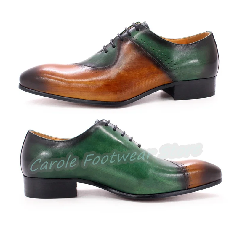 British Style Mixed Color Carving Brogue Shoes for Men Pointed Toe Chunky Heel Lace-Up Oxfords Male Genuine Leather Dress Shoes