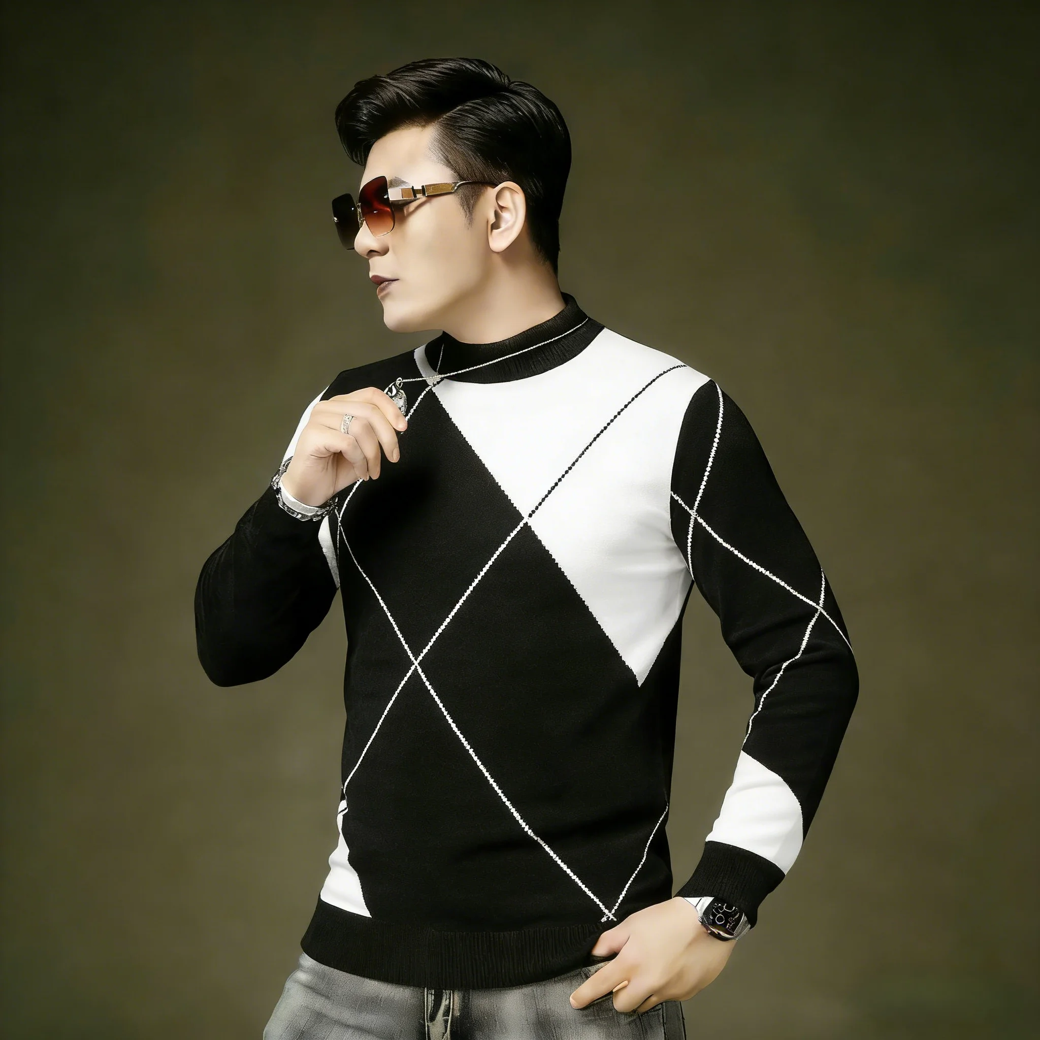 

Retro Contrast Color Bla White ids Woolen Knitted Sweater Men Slim Fit round Ne Warm Versatile Faionable Ci Sle