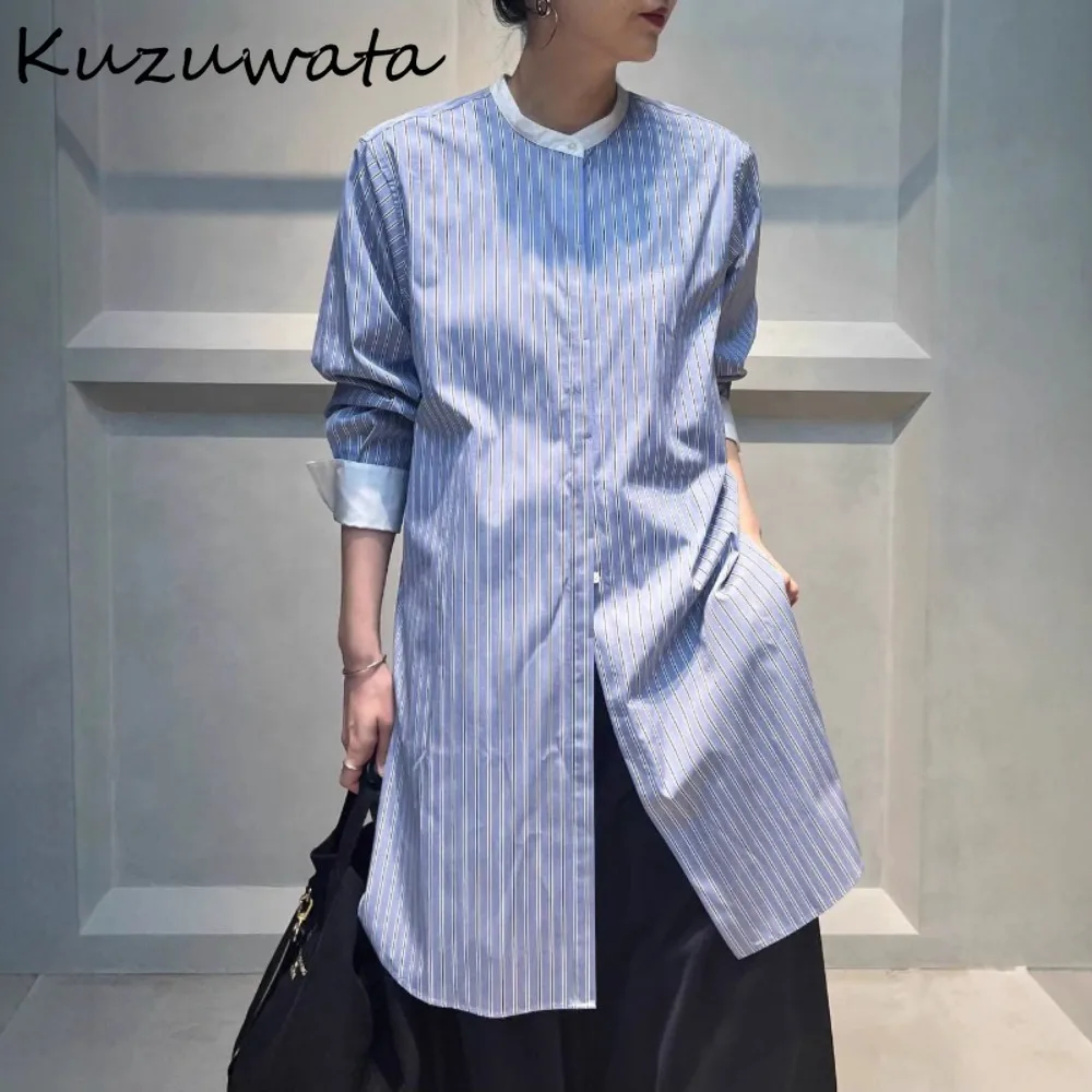 

Kuzuwata Advanced New French Moda Ropa Mujer Lazy Stripe Slim Soft All-match Shirt Japan Minority Streetwear Hot Sell Crop Tops
