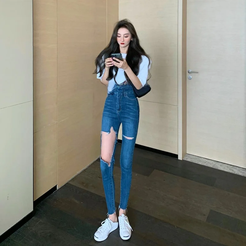 Women's Summer Thin High Waist Denim Jeans Hole Design Slim Fit Nine Point Pants Trendy Tight Base Layer Cotton Stretch Fabric