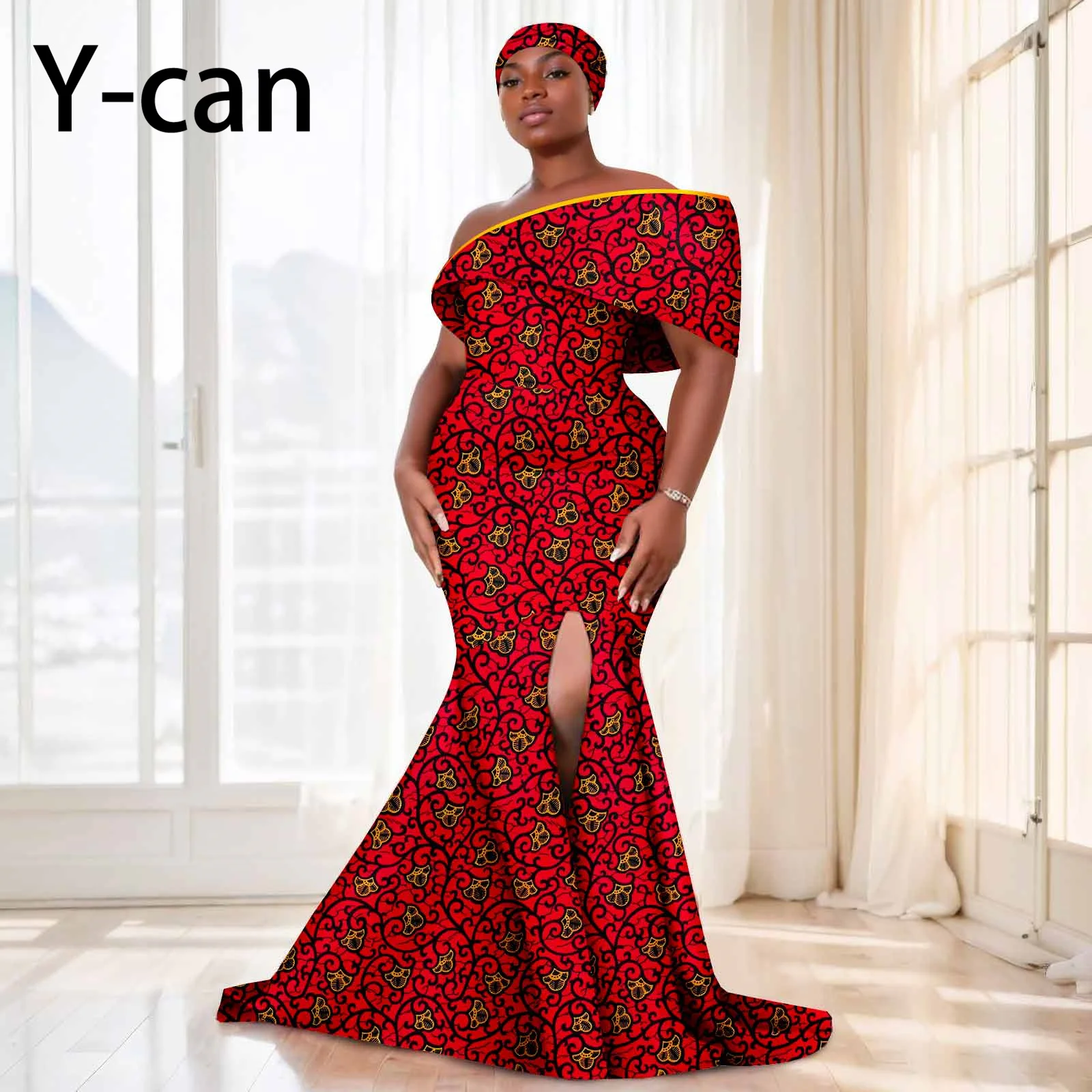 African Dresses for Women Festival Party Dashiki Ankara Print Off Shoulder Dress with Headwrap Wedding Bridal Dress 2425159