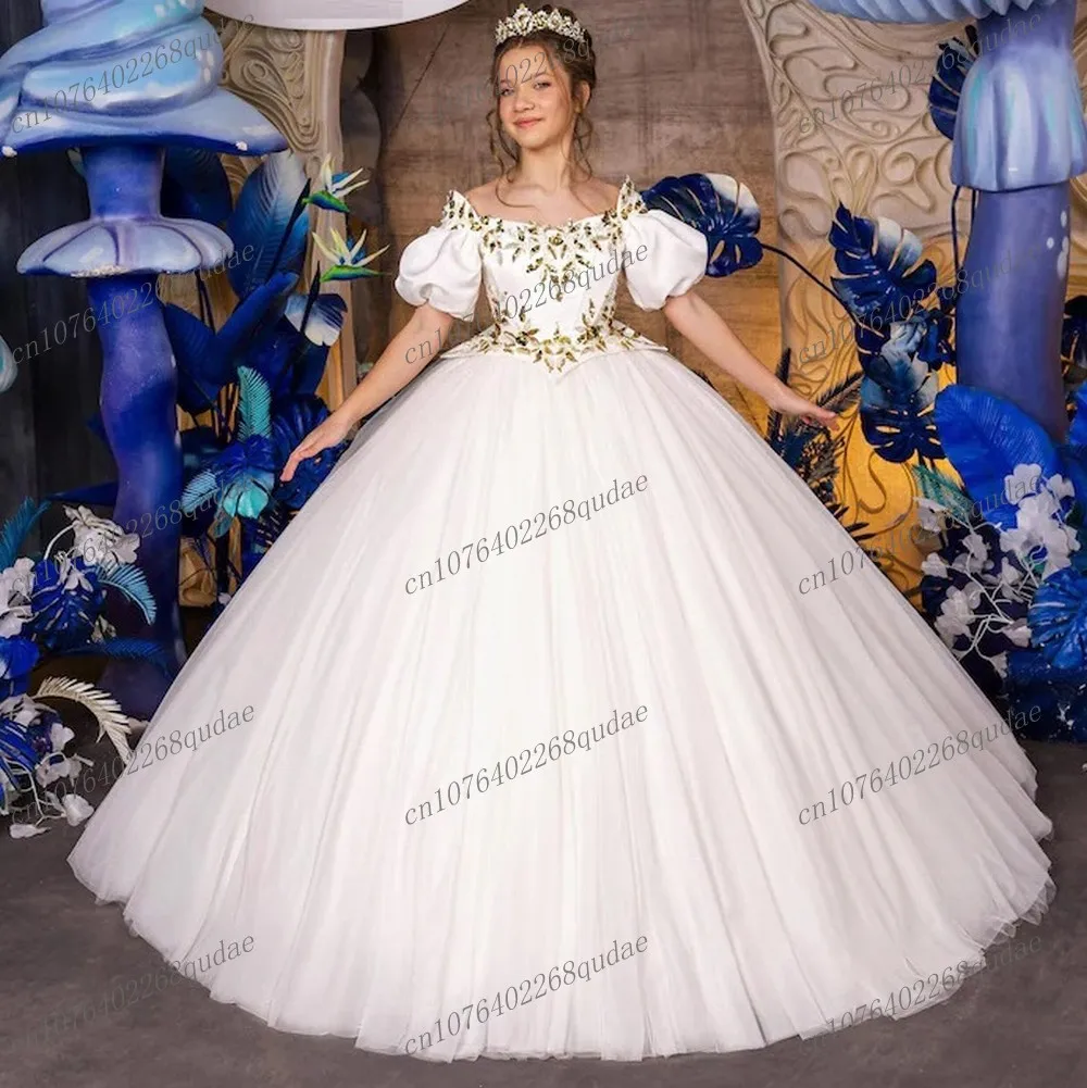 

New White Flower Girl Dresses Wedding Party Princess Tulle Ball Gown Short Sleeve Pageant Gown First Communion Dress