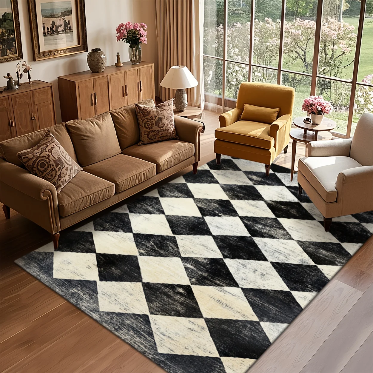 Black‑White Diamond Checkered Area Rug, Non‑Slip Machine‑Washable for Living Room Bedroom Indoor Home Decor